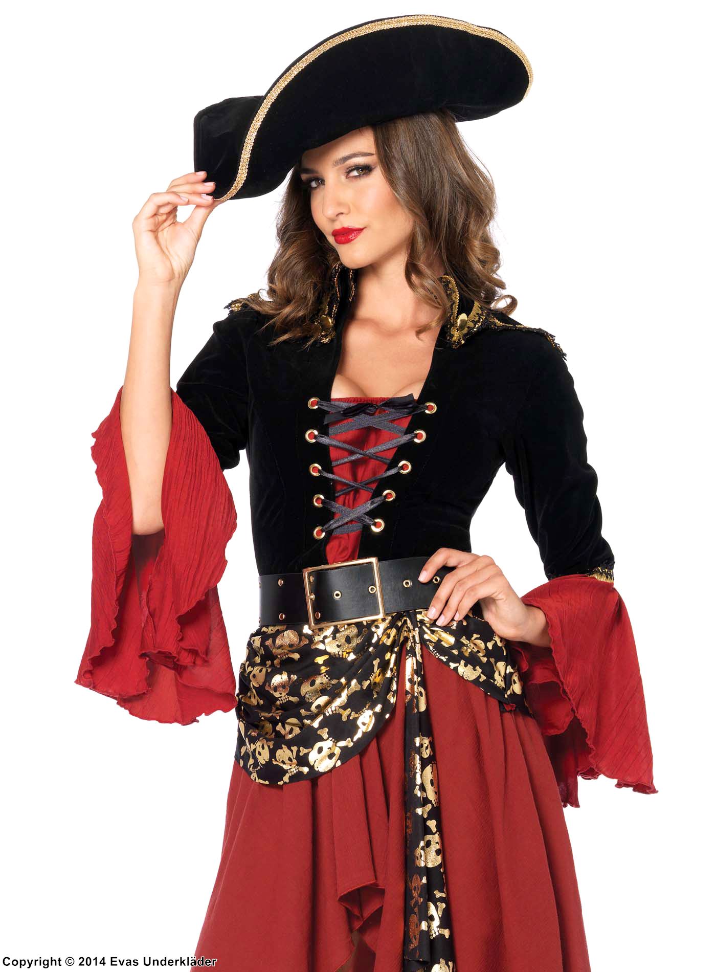 Kvinnlig piratkapten, maskeradklänning med snörning, döskallar, sammet och epaulet